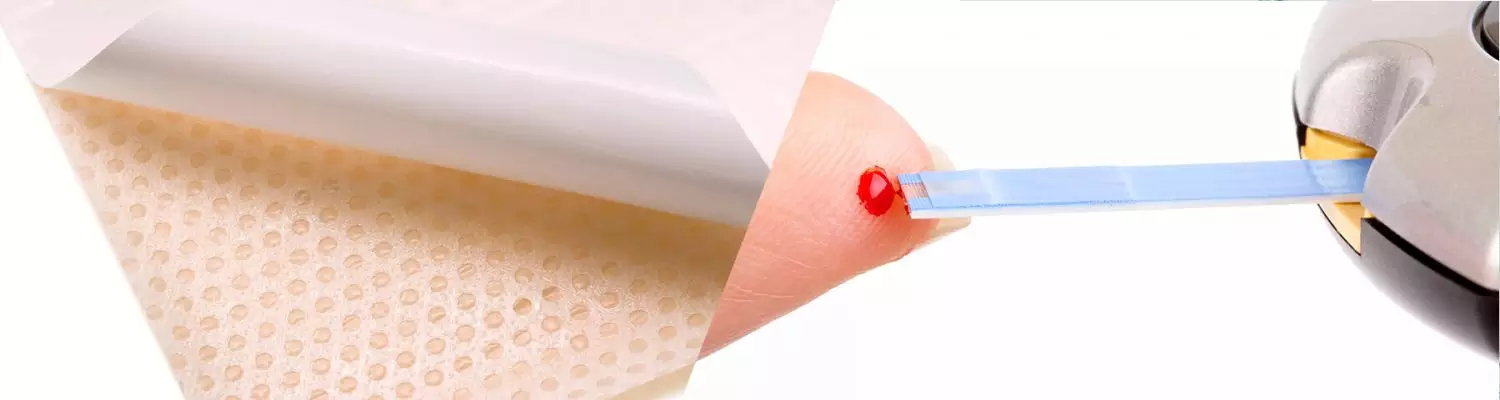 Image showing a wearable adhesive and glucometer. Two examples of medical devices.